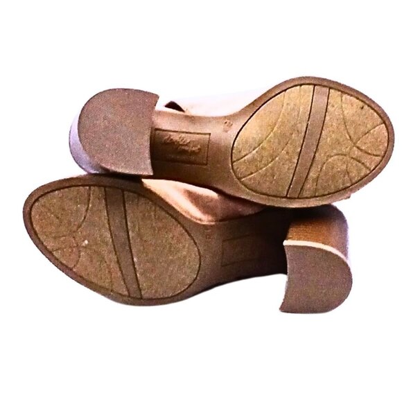 Dexflex Women Peep Toe High Block Heel Sandal Size 8 Boho Chic Vegan Textile Tan - Picture 5 of 7